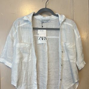 Zara Cropped White Linen Button Up